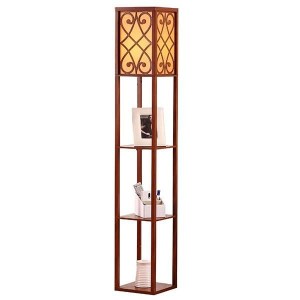 OEM Supply Table Led Lamp -<br />
 63" H Black Wooden Shelf Floor Lamp with Floral Shade Panels for warm bedroom and living room-GL-FLWS024 - Goodly 